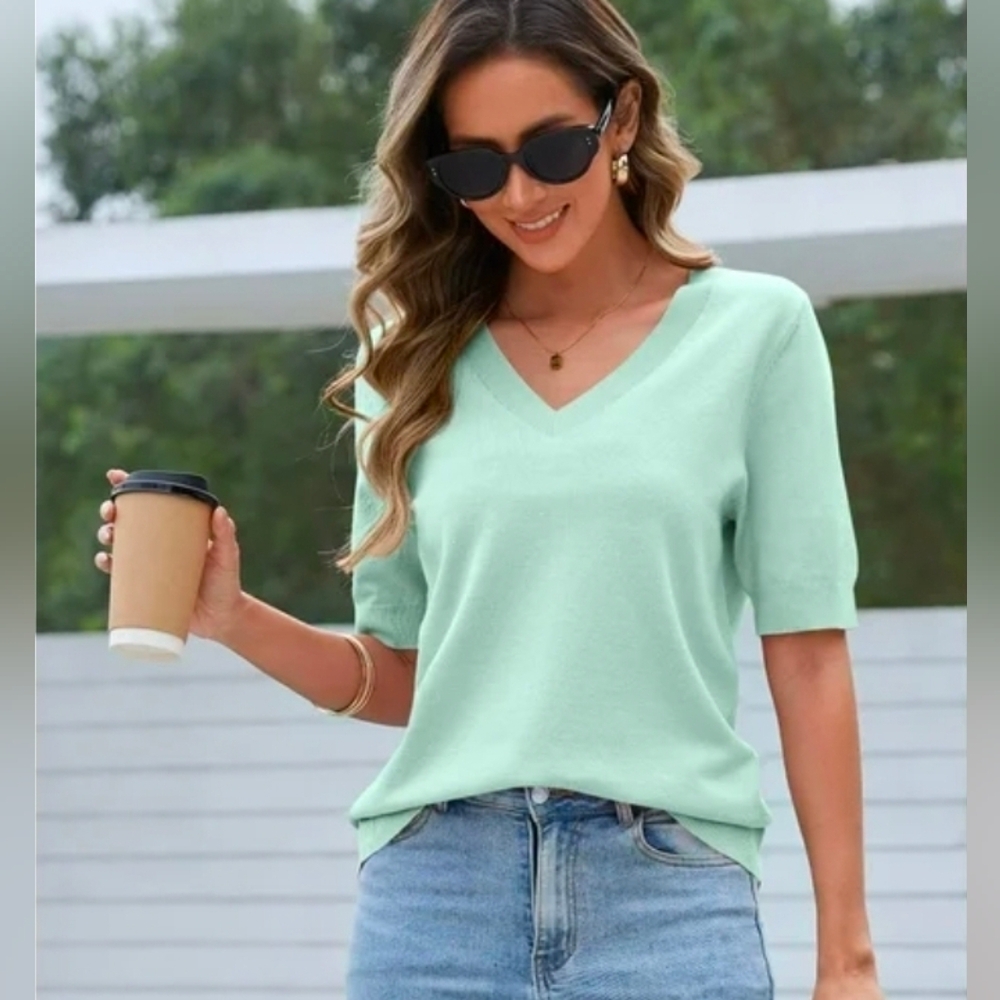 MEROKEETY Knit T-Shirt Light Sweater Short Sleeve V-Neck Mint Size M